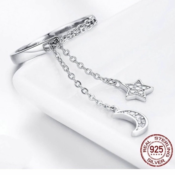 Authentic 925 Sterling Silver Moon and Star Link Chain Adjustable Finger Rings - Picture 4 of 6